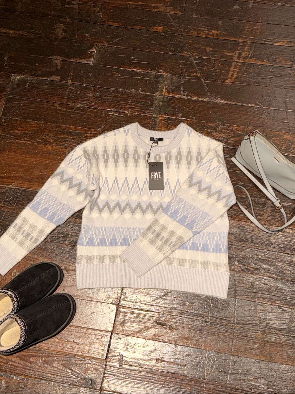 FRYE Fair Isle Nordic Crewneck Sweater Blue Gray White NWT Size S - Picture 1 of 10
